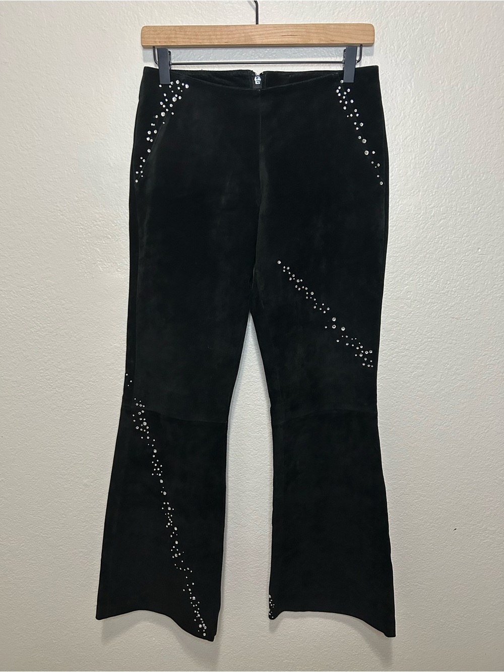 Vintage Wilsons Leather Black Suede Rhinestone Flare Pants Y2K Size 4